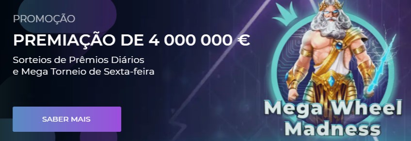 Imagem atraente do banner promocional do cassino, anunciando a empolgante promoção da "Mega Wheel Madness" com um prêmio de 4.000.000 de euros.