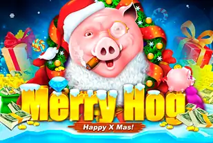Imagem alegre e festiva do jogo Merry Hog, apresentando o simpático personagem do porco em um cenário festivo.